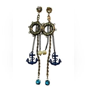 Rare Betsey Johnson Nautical Blue Lifesaver Gold Tone Earrings